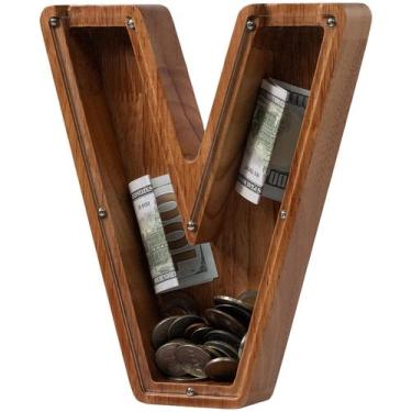 Imagem de Money Bank ladenk, cofrinho de madeira com letra grande V, 23 cm