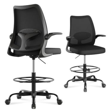 Imagem de BERYTH Cadeira de desenho, cadeira de escritório alta com anel ajustável para apoio para os pés, suporte lombar, assento de mesa alto ergonômico, apoios de braços flip-up, banco de malha respirável