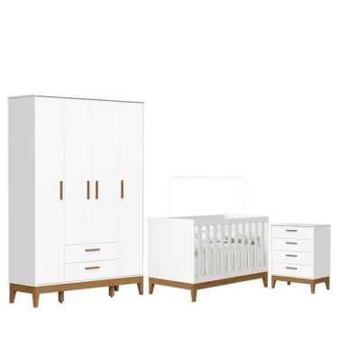 Imagem de Quarto De Bebê Flip Guarda Roupa 4 Portas E Cômoda Gaveteiro Branco Acetinado - Reller