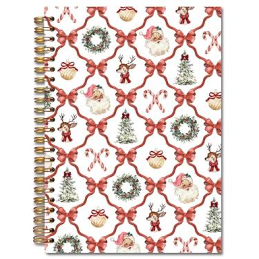 Imagem de Exqcom Coquette Caderno de Natal com laço vermelho espiral, guirlanda de árvore de Natal retrô, diário de rena de Papai Noel para mulheres, caderno de capa dura estética preppy diário de escritório