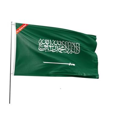 Imagem de Bandeira da Arábia Saudita dupla face, 9,5 x 1,5 m, poliéster nacional da Arábia Saudita com 2 ilhós para decoração de festa de festivais temáticos patrióticos da Arábia Saudita