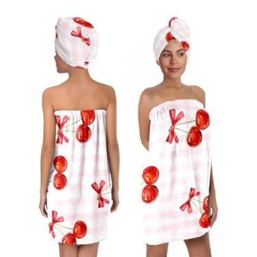 Imagem de Conjunto de saia de banho de cereja com turbante de secagem de cabelo, conjunto de saia de chuveiro de microfibra xadrez rosa de secagem rápida para mulheres meninas dormitório casa