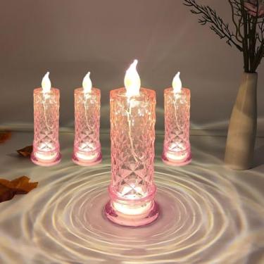 Imagem de Velas de LED sem chama com sombra rosa, luzes de cristal operadas por bateria para dia dos namorados, aniversário, casamento e decoração de casa de Natal (rosa rosa, 4)