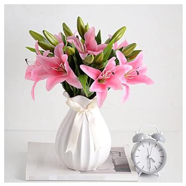 Imagem de Flores artificiais interiores flores artificiais lírio flor falsa sala de estar arranjo de flores mesa de jantar casa (garrafa rosa vermelho azul) (garrafa rosa vermelha branca)