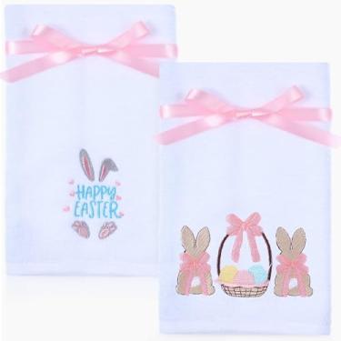Imagem de Tiamon Pacote com 2 toalhas de mão de banheiro 75 x 35 cm toalhas decorativas bordadas de algodão com fitas para férias, cozinha, banheiro, limpeza de secagem (coelhinho da Páscoa)