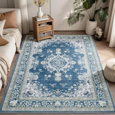 Imagem de WEZVIX Tapete lavável para sala de estar, tapete floral vintage tradicional, tapete boho macio para sala de jantar, quarto de hóspedes, escritório, quarto de crianças, casa de fazenda, berçário