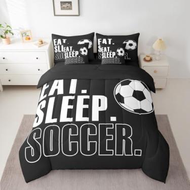 Imagem de Feelyou Jogo de edredom com bola de futebol, tamanho king, preto, 7 peças, para crianças, meninos, meninas, adolescentes, jogo de cama em uma bolsa, presente para amantes de futebol americano