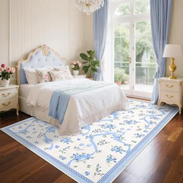 Imagem de GarveeHome Tapetes florais para quarto de meninas, 22 x 30 cm para sala de estar com pelo baixo macio, antiderrapante azul e branco, tapete lavável 22 x 30 cm para berçário, sala de jogos, dormitório