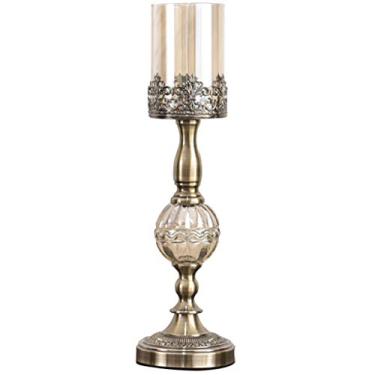 Imagem de Castiçais de vidro de cristal, castiçais de simplicidade nórdica, lanternas de vela de metal modernas, enfeites de casa luxuosos leves, para casamento de Natal (cor: latão, tamanho: 1 x grande)
