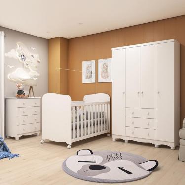 Imagem de Dormitório Infantil Júnior 4 Portas, Cômoda E Berço Uli Branco Brilho Com Colchão Supreme - Móveis Peroba