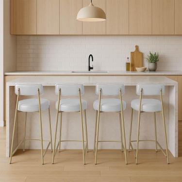 Imagem de Banqueta Cozinha Média Com Encosto Industrial Champanhe Kit 4 Londres Pu D03 - D'rossi Branco