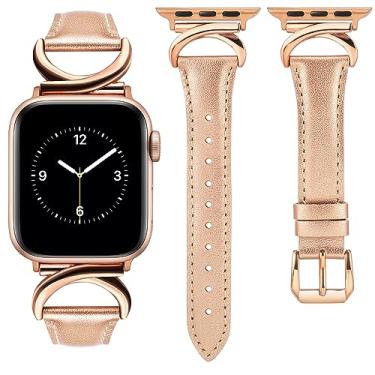 Imagem de Minyee Pulseira de couro compatível com Apple Watch 41 mm, 40 mm, 38 mm, 44 mm, 45 mm, 42 mm, 49 mm, feminina, fina, elegante, com fivela de metal em forma de C para iWatch Series 8/7/6/5/4/3/2/1/SE/Ultra