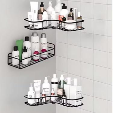 Imagem de Kit 3 Prateleiras de Parede com Adesivo – 2 Canto + 1 Reta – Suporte Organizador para Banheiro, Cozinha e Lavanderia – Shampoo, Sabonete e Utensílios.