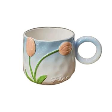 Imagem de Caneca de cerâmica tulipa pintada à mão adorável xícara de café 500 ml caneca de grande capacidade caneca de café para escritório (cor: B)