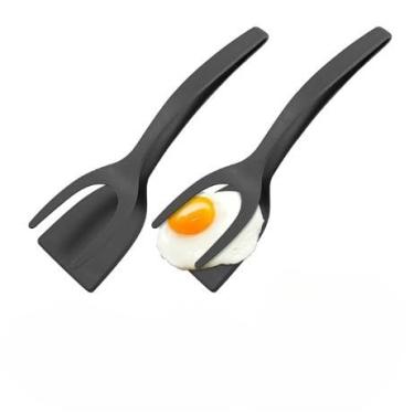 Imagem de Pinça Culinária com Espátula de Silicone 2 em 1 Antiaderente + Raspador de Nylon - Utensílios para Cozinha, Tapioca, Ovos, Panquecas, Peixe, Omelete e Mais(1,Espátula 2 em 1 PRETO)