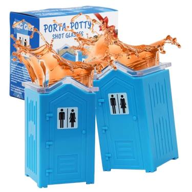 Imagem de ALEVMOOM Copos de shot Porta Potty, pacote com 2 copos engraçados de 80 ml para festa, presente de mordaça para homens, presentes de elefante branco, presentes divertidos para colecionadores (azul)