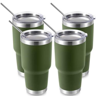 Imagem de Volhoply Copo térmico de 900 ml com tampa e canudo pacote com 4, canecas de café de viagem de parede dupla para bebidas quentes/frias, cabe no porta-copos de carro, sem BPA (verde-oliva, 4