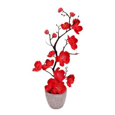 Imagem de KiBcsLic Vaso artificial de flor de ameixeira, planta falsa multiuso, bonsai artificial para decoração de jardim interno, escritório e mesa, Vermelho