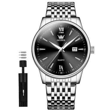 Imagem de OLEVS Relógios masculinos prateados, clássicos, luxuosos, à prova d'água, analógico, quartzo, aço inoxidável, relógio de pulso casual, mostrador grande, com data de dia, relógios para hombres
