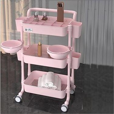 Imagem de Carrinho de salão com rodinhas de 3 níveis com apoio de braço suave, rodas de freio silenciosas, divisória ajustável e prateleira de armazenamento rosa - Carrinho utilitário para beleza, cabelo e uso