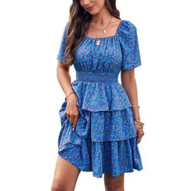Imagem de Vestido PRETTYGARDEN 2025 Floral Gola Quadrada com Babados Azul P