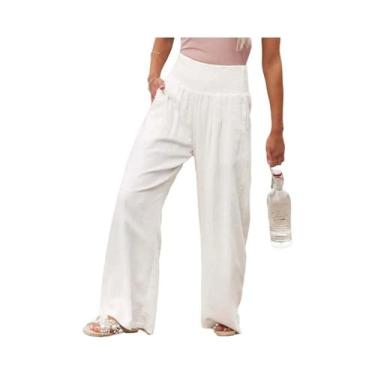 Imagem de Calças Casuais Femininas De Perna Larga Com Cordão Na Cintura Média Es