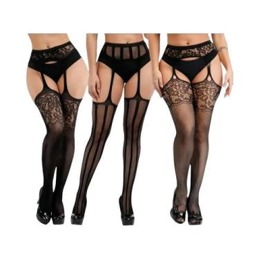 Imagem de Meias-calças Femininas Sensuais De Rede Até a Coxa, 3 Peças, Com Padrã