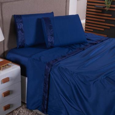 Imagem de Jogo De Lençol Zurique Queen 4 Peças Micro Percal 400 Fios Friso Decorativo - Azul Marinho