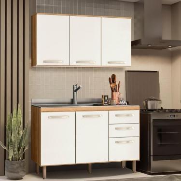 Imagem de Cozinha Modulada 2 Peças 1,20 M 5 Portas 3 Gavetas Freijó Off White Cristal Fire Shop Jm