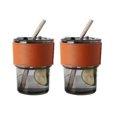 Imagem de JRIQH Pacote com 2 garrafas de água de vidro de 400 ml com canudo e tampa, copo de copos de café gelado, caneca de café gelada, copo de vidro isolado com manga de silicone (cinza)