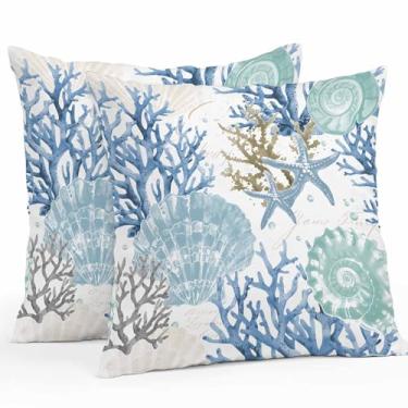 Imagem de Futuregrace Capas de travesseiro à prova d'água, pacote com 2, aquarela azul estrela-do-mar coral textura arte marinha com zíper, capas de travesseiro ideais para sofá, acampamento, pátio, decoração