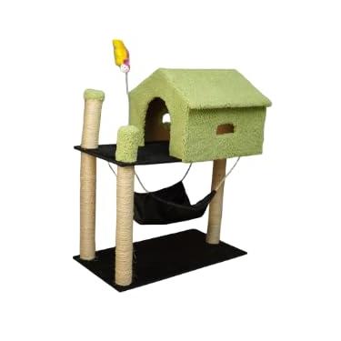 Imagem de Arranhador para Gatos com Casinha e Rede, 84 cm Altura x 61 cm Comprimento, Base Dupla, 4 Postes com Sisal (Verde)