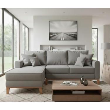 Imagem de Sofá Beny com Chaise Esquerda, 1,40x2,20m, 3 Lugares, Linho, Base em Madeira. (Cinza)