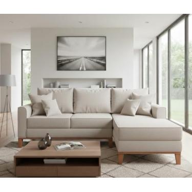 Imagem de Sofá Beny com Chaise Direita, 2,20x1,40m, 3 Lugares, Linho, Base em Madeira. (Cru)