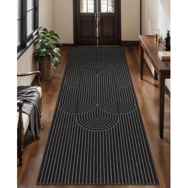 Imagem de Tangsoo Tapete de juta simples geométrico preto para corredores, tapete antiderrapante lavável 6 x 20 cm