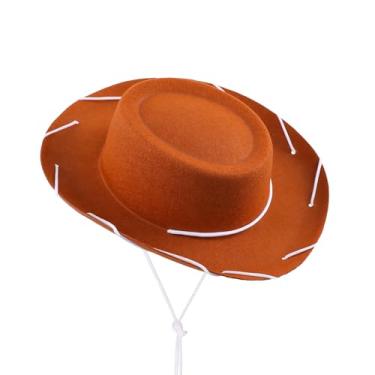 Imagem de Chapéu de cowboy para - Chapéu de fazendeiro ocidental de feltro macio com cordão de queixo, acessório de fantasia do Velho Oeste Marrom