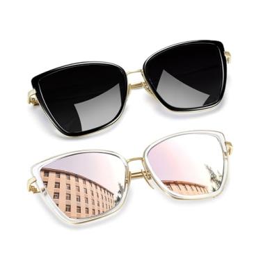 Imagem de Óculos de Sol Feminino Olho de Gato Joopin Vintage Armação de Metal Óculos Lente Espelhada Proteção UV 400 (Lente Cinza Preta + Lente Rosa)