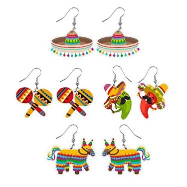 Imagem de Sgoeths 4 pares de brincos cinco de maio para mulheres meninas brincos mexicanos pendentes de acrílico fiesta sombrero pinata brincos de festa guitarra cacto maracas arco-íris cavalo chapéu brincos para meninas brincos de feriado mexicano presente México suprimentos de festa jóias, One Size, Acrílic