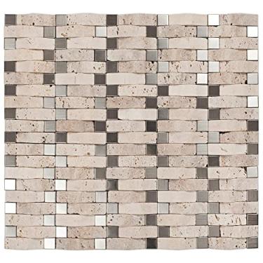 Imagem de Pastilha Mesclada de Mármore e Inox 33,5cm x 30,5cm Glass Mosaic (placas) Travertino/aço Inox