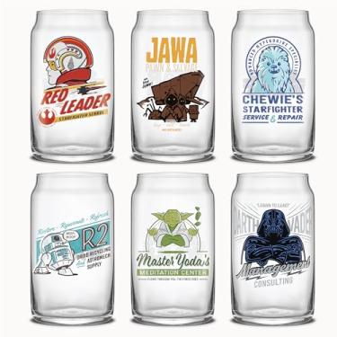 Imagem de JoyJolt Copos de vidro Star Wars Retro Vintage Collection de 500 ml - com Darth Vader, R2D2, Yoda, Chewbacca, Red Leader, Jawa - Conjunto de 6 com canudos de vidro
