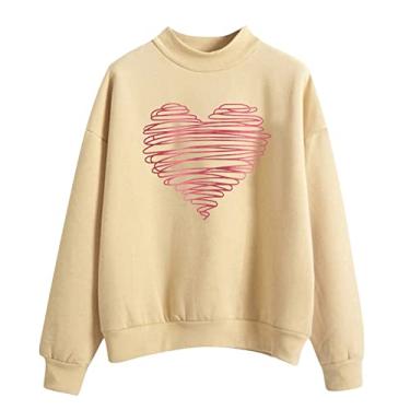 Imagem de Suéter de coração feminino 2024 moderno amor listras rosa camiseta com estampa de corações fofos, Caqui, GG