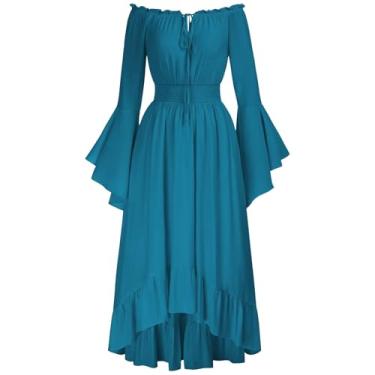 Imagem de Masbird Vestido medieval feminino Renascentista Faire fantasia feminina ombro de fora manga sino vestido alto baixo roupas renascentistas, Azul, XGG