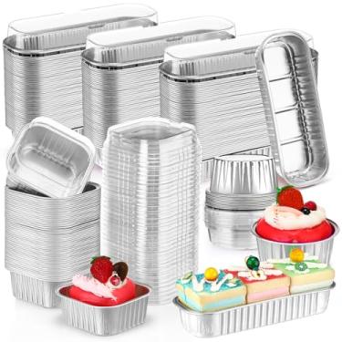 Imagem de Rtteri 150 peças de mini formas de bolo com tampas, ramequins descartáveis, 192 g, 142 g, folhas de alumínio, formas de cupcake retangulares, quadradas, redondas, formas de bolo, formas de bolo para