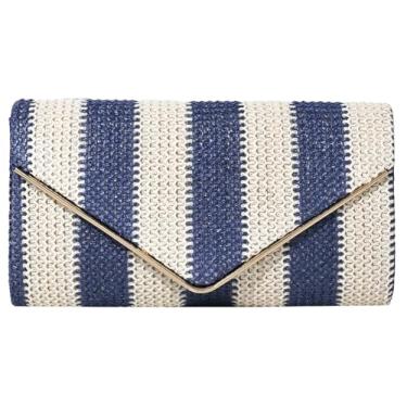 Imagem de EMGILL Bolsa clutch de palha para mulheres bolsa listrada de tecido colorido para noite bolsa envelope de praia de verão bolsa de ombro transversal, Azul-marinho - A, Medium