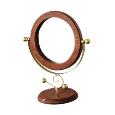 Imagem de Kokiya Espelho de maquiagem de madeira, espelho de penteadeira vintage, presente de aniversário, enfeite de mesa portátil, de penteadeira giratório para, Ouro