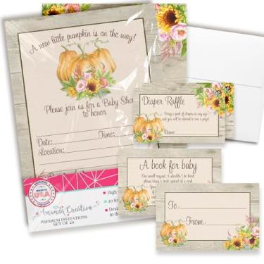 Imagem de Convites de chá de bebê para meninas – Conjunto de convites de chá de bebê floral de outono com abóboras com ingressos de sorteio de fraldas, cartões de pedido de livro e envelopes. Conjunto de 20