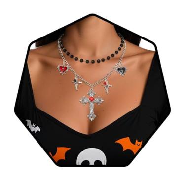 Imagem de Sethexy Gargantilha gótica de Halloween com pingente de coração e cruz em camadas, bijuteria, presente para mulheres