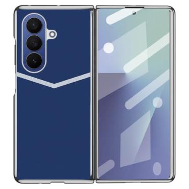 Imagem de LYJSMGZ Capa de couro para Samsung Galaxy Z Fold 7, capa de telefone fina com design de linha, protetor de tela masculina e feminina, capa de negócios elegante, azul, dobra 7