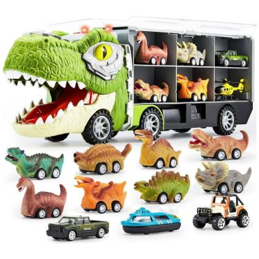 Imagem de Caminhão Transportador de Dinossauros Retráteis 13 em 1 e Helicóptero com Música, Som Estrondoso e Luzes para Crianças Acima de 3 Anos