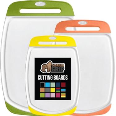 Imagem de Gorilla Grip Conjunto de 3 tábuas de corte de cozinha duráveis e reversíveis 100% livres de BPA, ranhuras para suco, lavável na lava-louças, borda de alça fácil de segurar, tábuas de cortar alimentos,